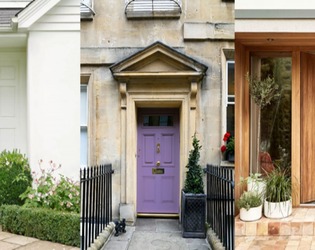 Tan Siding with Purple Front Door