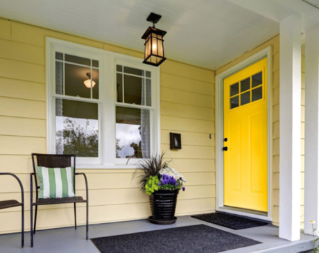 Tan Sliding with Yellow Front Door