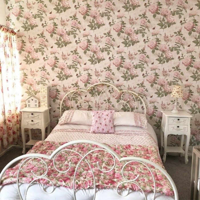 Bedroom with Pink and White Cottagecore Wallpaper