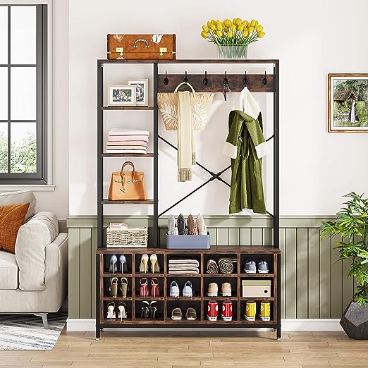 Bench with Shelves, Shoe Racks, and Hooks