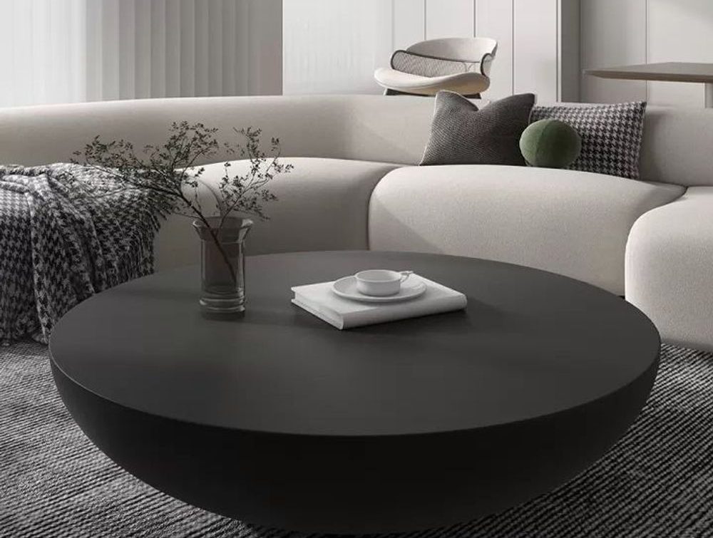 Black Wood Drum Coffee Table with White Living Room