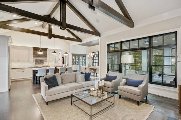 Large a-frame ceiling beams give a tasteful look of elegance