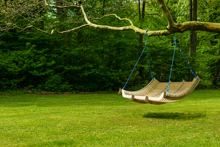 Swing,Bench,In,Lush,Garden.,Curved,Swing,Bench,Hanging,From
