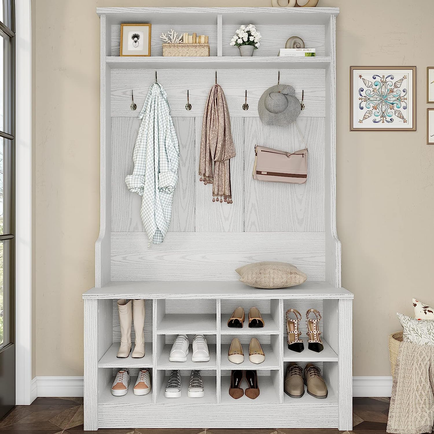 Embossed White Bench with Storage and Hooks