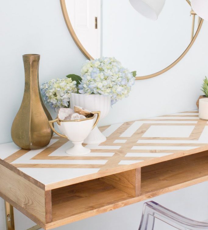 Floating Desk with Geometric Shapes and Angular Design