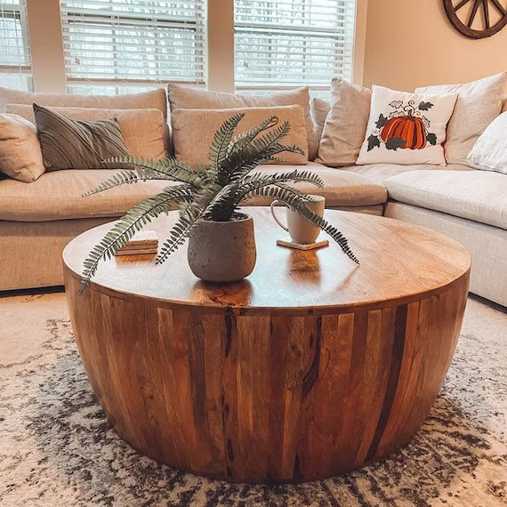 Hand-Carved Wood Drum Coffee Table
