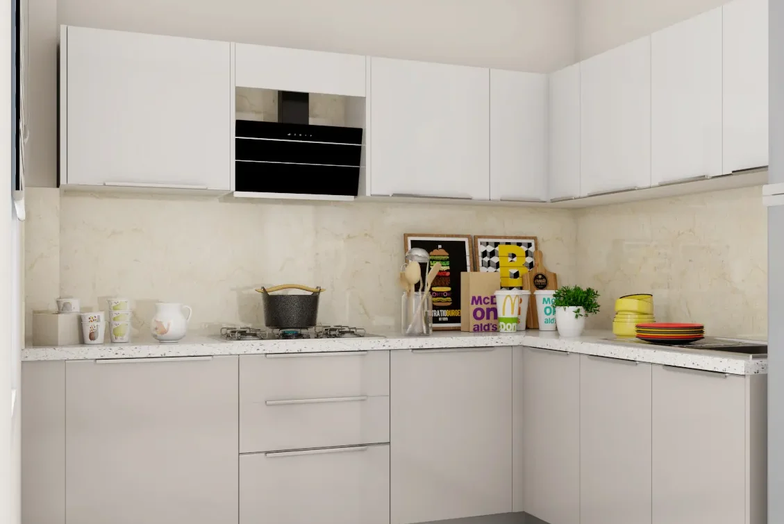 L-Shaped White Kitchen Cabinet and Countertop