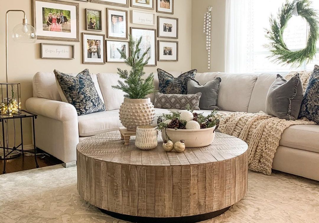 Light Wood Drum Coffee Table with Beige Sofa