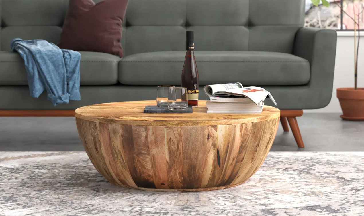 Living Room with Round Wood Drum Coffee Table