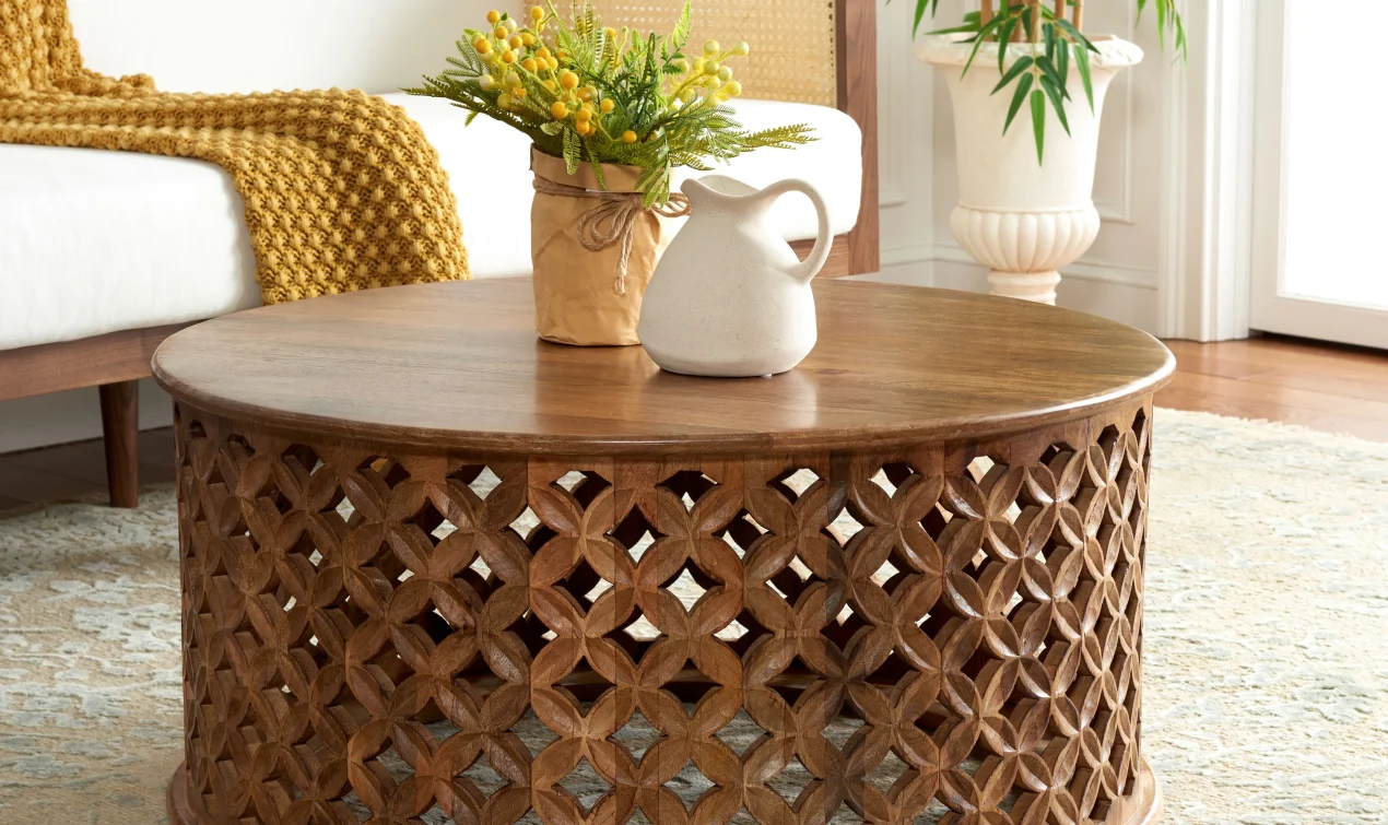 Wood Drum Coffee Table with Lattice Design