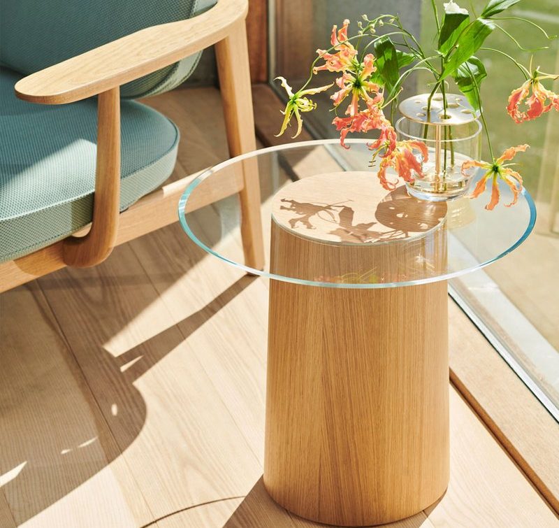 Wood Drum Table with Glass